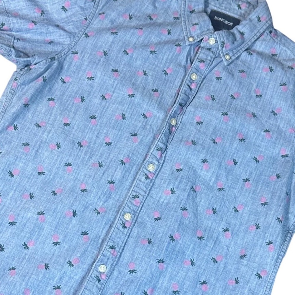 Bonobos Button Down Mens L Long Blue Pink Pineapple Slim Fit Short Sleeve Shirt
